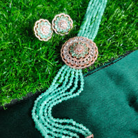 N0502_Classic designer sea green crystal Grand circular shaped pendant choker necklace set studded  with  American diamond stones.