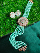 N0502_Classic designer sea green crystal Grand circular shaped pendant choker necklace set studded  with  American diamond stones.