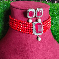 N0519_Classic crystal choker necklace set studded  with  American diamond stones with pearl drops.