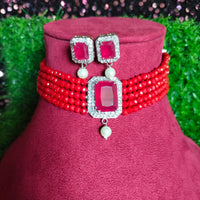 N0519_Classic crystal choker necklace set studded  with  American diamond stones with pearl drops.