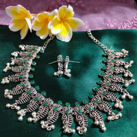 N0549_ Gorgeous designer German silver oxidized necklace with a touch of green stones.