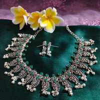 N0549_ Gorgeous designer German silver oxidized necklace with a touch of green stones.