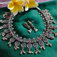 N0550_ Gorgeous coin design German silver oxidized necklace with a touch of green & pink stones.