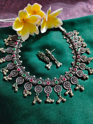 N0550_ Gorgeous coin design German silver oxidized necklace with a touch of green & pink stones.