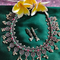 N0550_ Gorgeous coin design German silver oxidized necklace with a touch of green & pink stones.