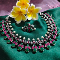 N0551_ Gorgeous German silver oxidized necklace with a touch of green & pink stones.