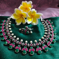 N0551_ Gorgeous German silver oxidized necklace with a touch of green & pink stones.