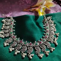 N0552_ Gorgeous German silver oxidized necklace with a touch of green & pink stones with a touch of bead drops.