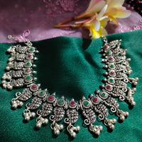 N0552_ Gorgeous German silver oxidized necklace with a touch of green & pink stones with a touch of bead drops.