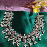 N0552_ Gorgeous German silver oxidized necklace with a touch of green & pink stones with a touch of bead drops.