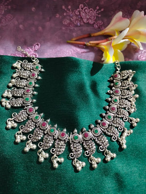 N0552_ Gorgeous German silver oxidized necklace with a touch of green & pink stones with a touch of bead drops.