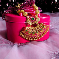 N022_Elegant Micro Gold plated Necklace studded with precious pink & green ruby stones & Magenta colored crystals