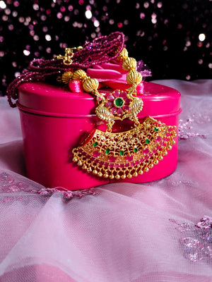N022_Elegant Micro Gold plated Necklace studded with precious pink & green ruby stones & Magenta colored crystals