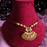 N022_Elegant Micro Gold plated Necklace studded with precious pink & green ruby stones & Magenta colored crystals