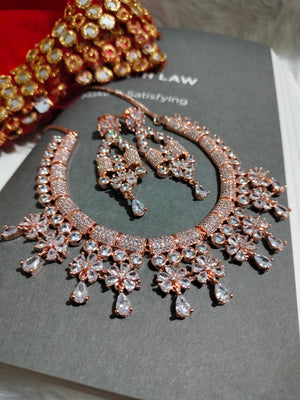 N0454_Designer American Diamond stones embellished necklace set with delicate stone work of floral design.