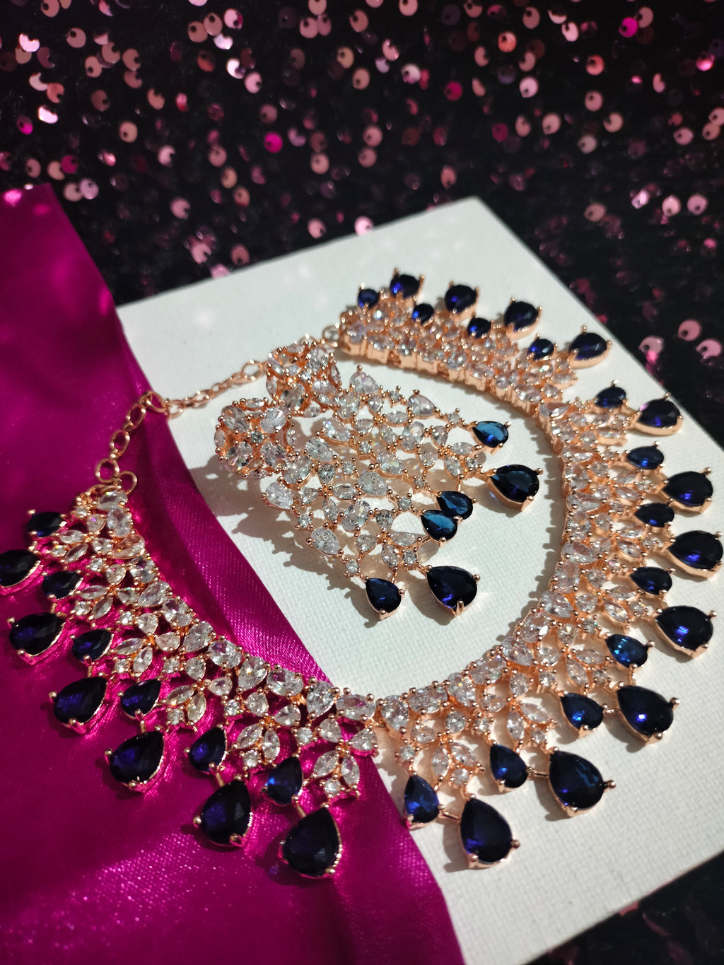 N0467_Elegant designer signature American Diamond stones embellished Choker necklace set with delicate stone work with a touch of navy blue stones.