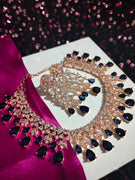 N0467_Elegant designer signature American Diamond stones embellished Choker necklace set with delicate stone work with a touch of navy blue stones.