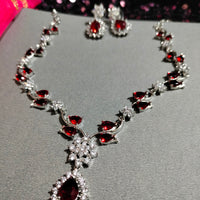 N0562_Lovely designer American Diamond stones necklace set with a touch of wine red stone.