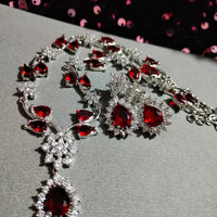 N0562_Lovely designer American Diamond stones necklace set with a touch of wine red stone.