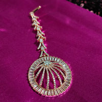 M029_Elegant circular design rose gold American diamond studded Maang tika with delicate stone work.