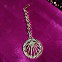 M029_Elegant circular design rose gold American diamond studded Maang tika with delicate stone work.