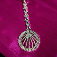 M031_Elegant circular design American diamond studded Maang tika with delicate stone work.