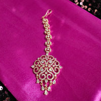 M025_Gorgeous broad designer rose gold American diamond studded Maang tika with delicate stone work.