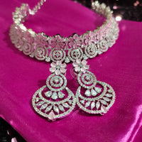 N0564_Lovely floral design American Diamond stones necklace set with a touch of  pink stone.