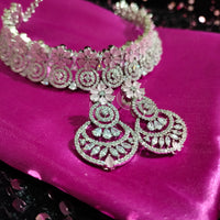 N0564_Lovely floral design American Diamond stones necklace set with a touch of  pink stone.