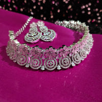 N0564_Lovely floral design American Diamond stones necklace set with a touch of  pink stone.