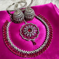 N0573_Gorgeous designer necklace embellished with american diamond stones with a touch of wine red stones.