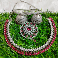 N0573_Gorgeous designer necklace embellished with american diamond stones with a touch of wine red stones.