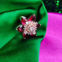 R066_Gorgeous flower design American Diamond studded statement ring studded with red stones.