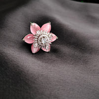 R070_Elegant flower design American Diamond studded statement ring with a touch of pink stones.