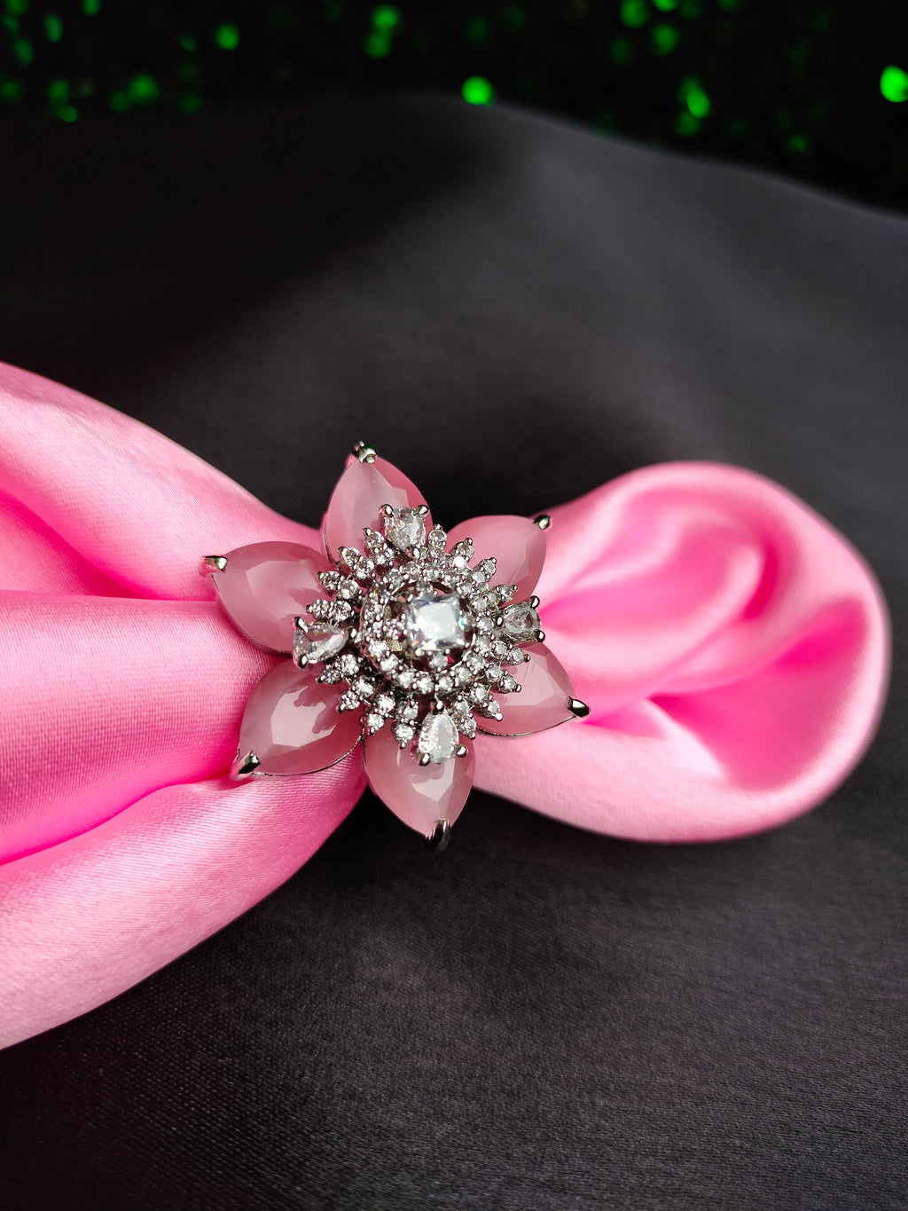 R070_Elegant flower design American Diamond studded statement ring with a touch of pink stones.