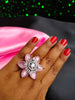 R070_Elegant flower design American Diamond studded statement ring with a touch of pink stones.