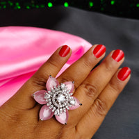 R070_Elegant flower design American Diamond studded statement ring with a touch of pink stones.