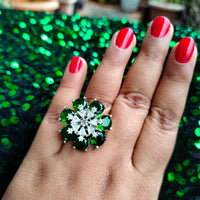 R059_Elegant flower design American Diamond studded statement ring with a touch of green stones.