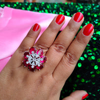 R062_Lovely flower design American Diamond studded statement ring studded with wine red colour stones.