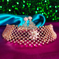 N0578_Classic broad designer rose gold choker necklace embellished with delicate work of American diamond stones.