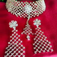 N0580_Classy broad flower design choker necklace embellished with american diamond stones.