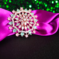 R082_Classic Grand circular design rose gold American Diamond studded statement ring with a touch of green & pink  stones.