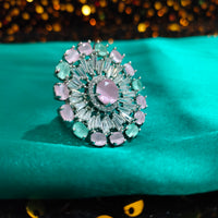 R086_Classy Grand circular design American Diamond studded statement ring with a touch of pink & sea green stones.