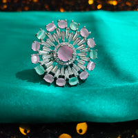 R086_Classy Grand circular design American Diamond studded statement ring with a touch of pink & sea green stones.