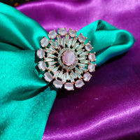 R093_Elegant flowery design circular rose gold American Diamond studded statement ring with a touch of pink stones.