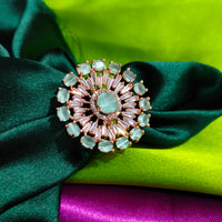 R094_Elegant flowery design circular rose gold American Diamond studded statement ring with a touch of sea green  stones.