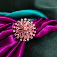 R089_Grand flowery design rose gold American Diamond studded statement ring with delicate stone work.