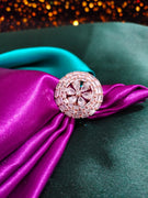 R090_Elegant flowery design circular rose gold American Diamond studded statement ring with delicate stone work.