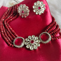 N0595_Classic crystal with floral design pendant choker necklace set studded  with Kundan stones.