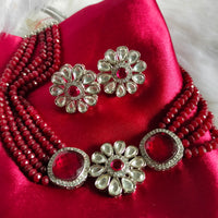 N0595_Classic crystal with floral design pendant choker necklace set studded  with Kundan stones.